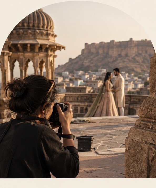 Photographer capturing a couple against Jodhpur's Mehrangarh Fort