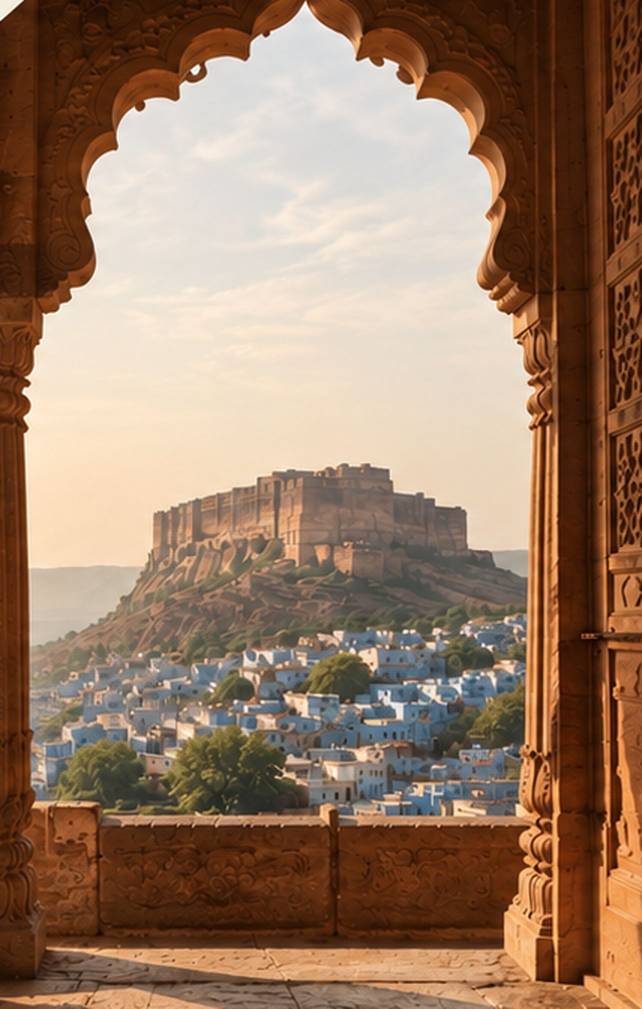 Carved sandstone arch framing Mehrangarh Fort and the Blue City of Jodhpur